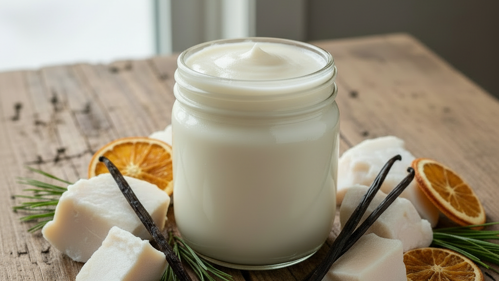 Jar of whipped tallow body butter on a wooden surface with vanilla beans and orange slices.